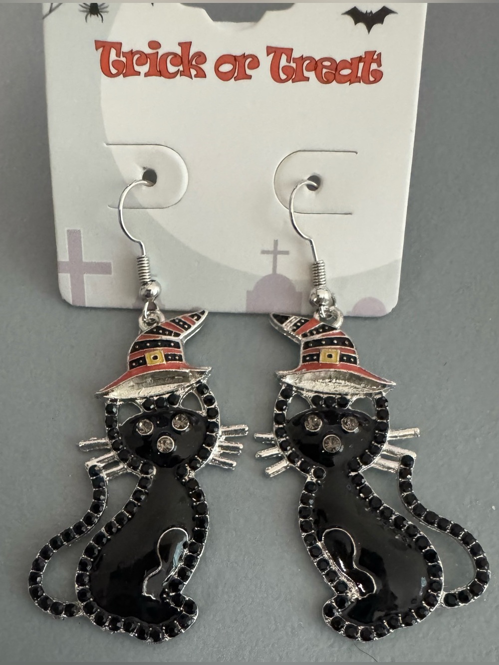Trick or Treat Black Witch Cat Earrings - Halloween Costume Jewelry